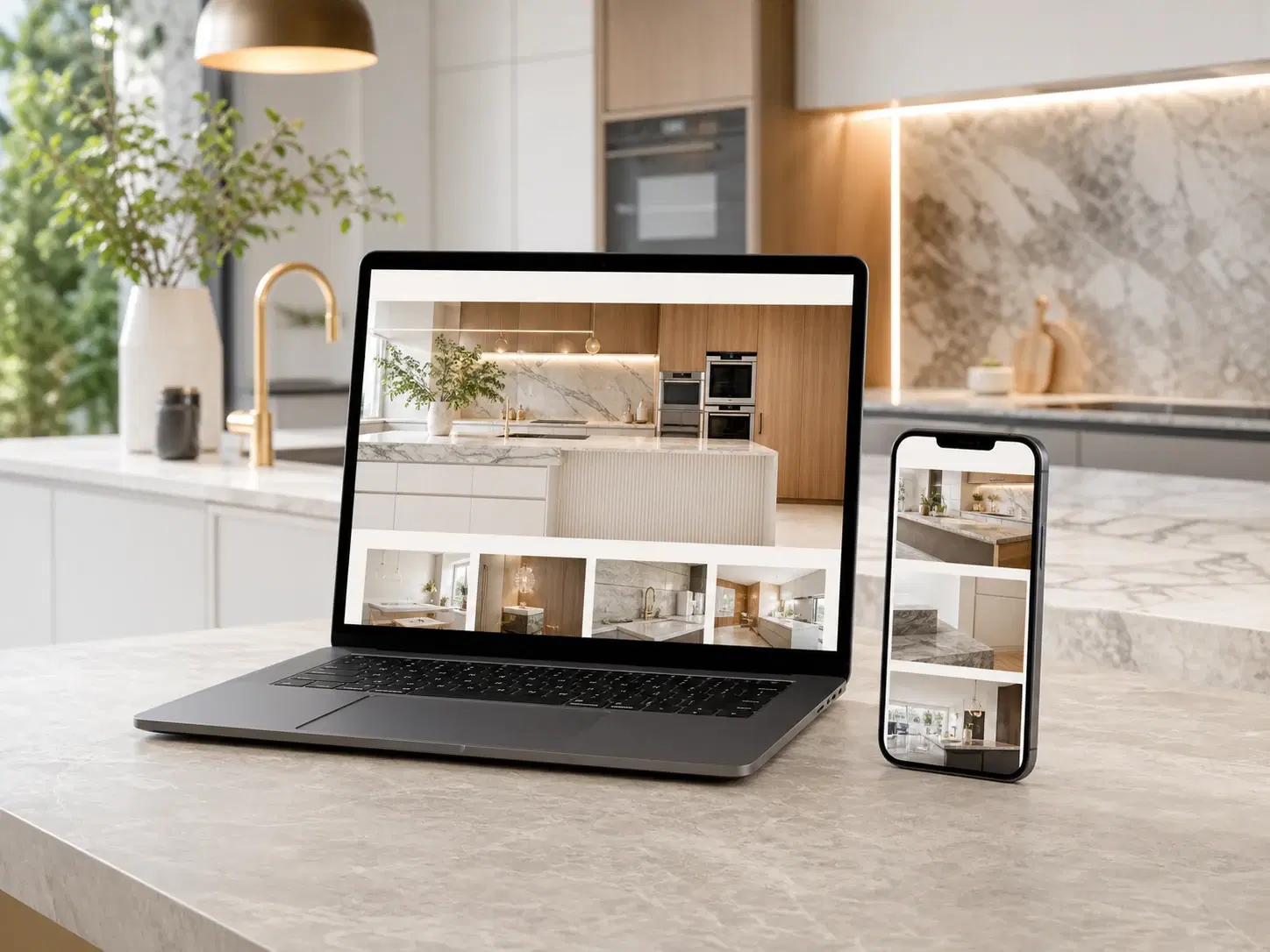 Kitchen renovation website on a laptop and phone