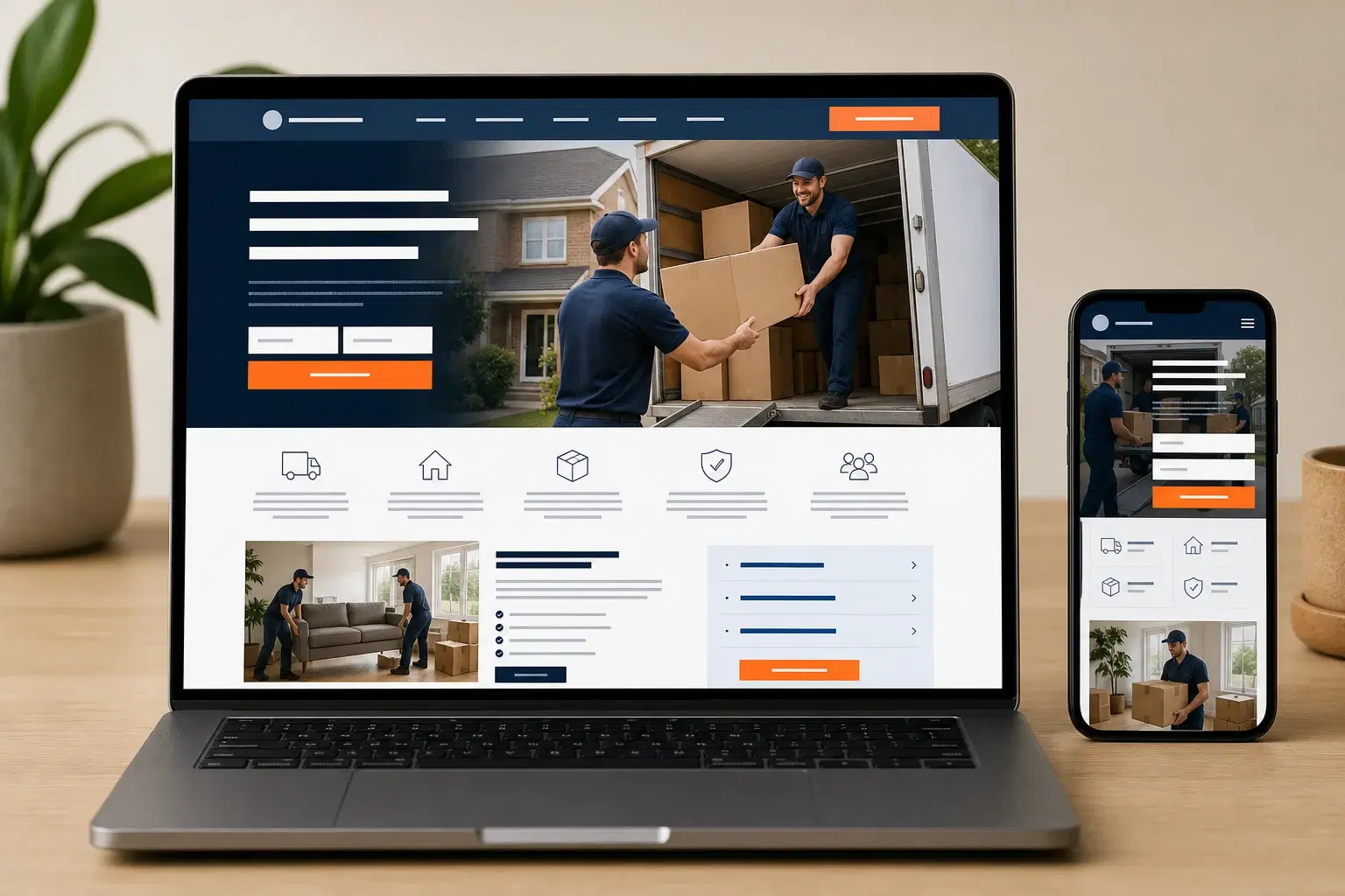 Realistic removalist website on laptop and phone