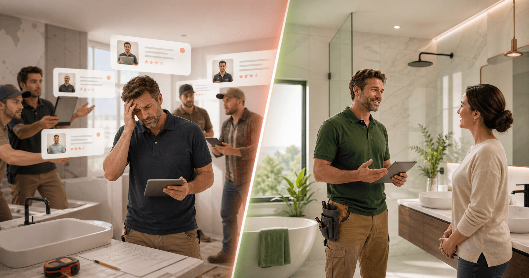 Illustration comparing shared lead competition with a direct bathroom renovation enquiry