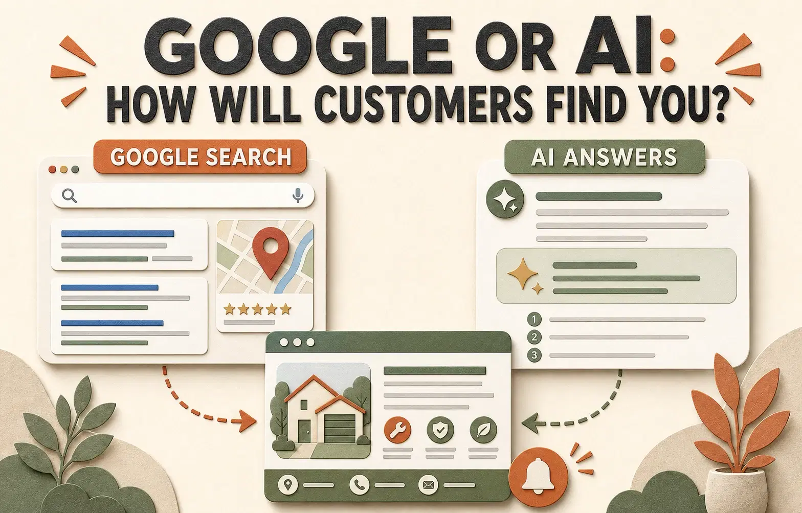 Illustration comparing Google Search results with AI answers for a local service business website.