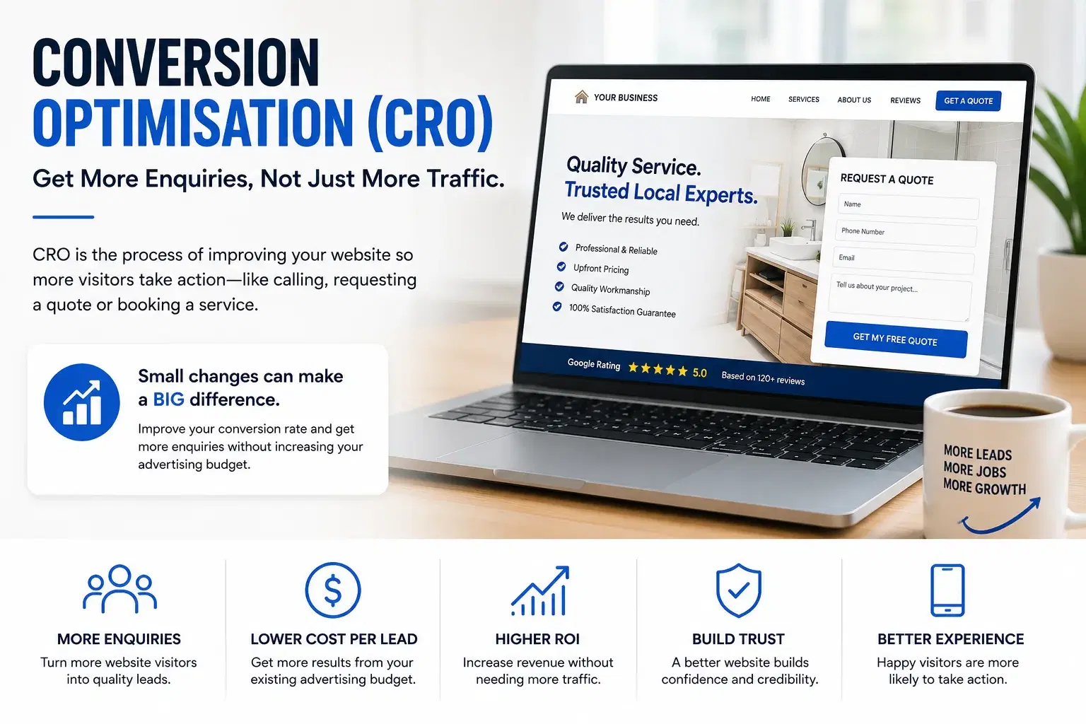 Conversion Rate Optimisation illustration showing a local service business website designed to generate more enquiries.