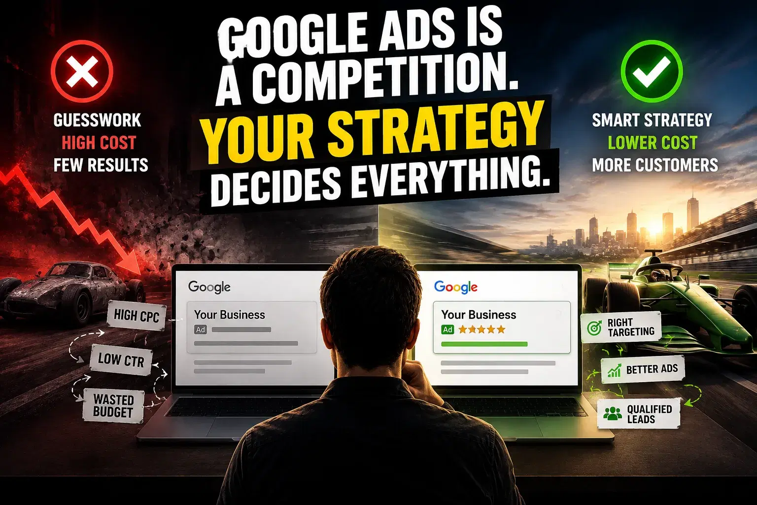 Google Ads competition visual showing guesswork and wasted budget versus smart strategy and qualified leads.