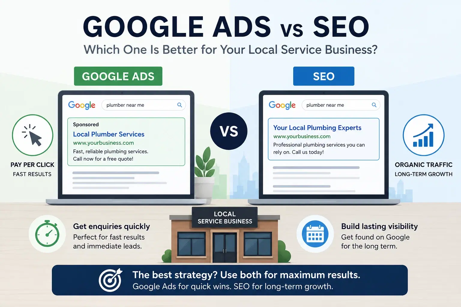 Google Ads versus SEO comparison for local service businesses showing paid clicks and organic traffic.