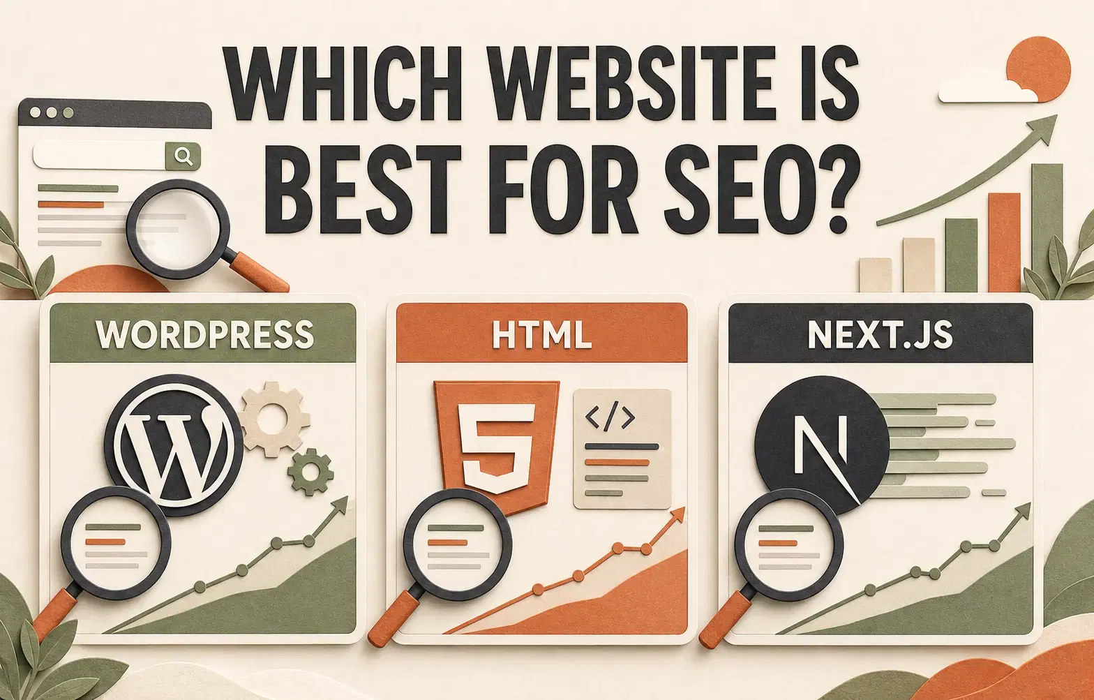 Editorial illustration of a modern website, search results and analytics connected with web-building tools.