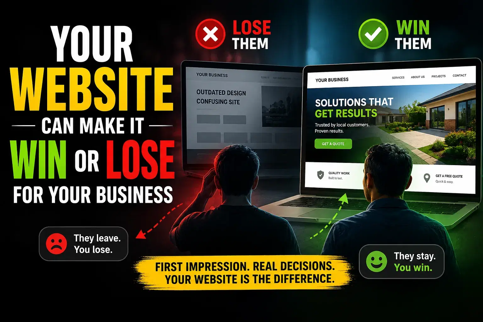 Comparison of an outdated website losing customers and a professional website winning enquiries.