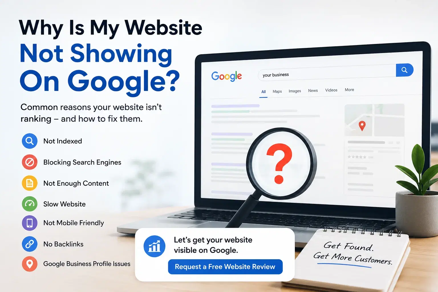 A laptop displaying Google search results with a magnifying glass and question mark, illustrating website visibility issues.