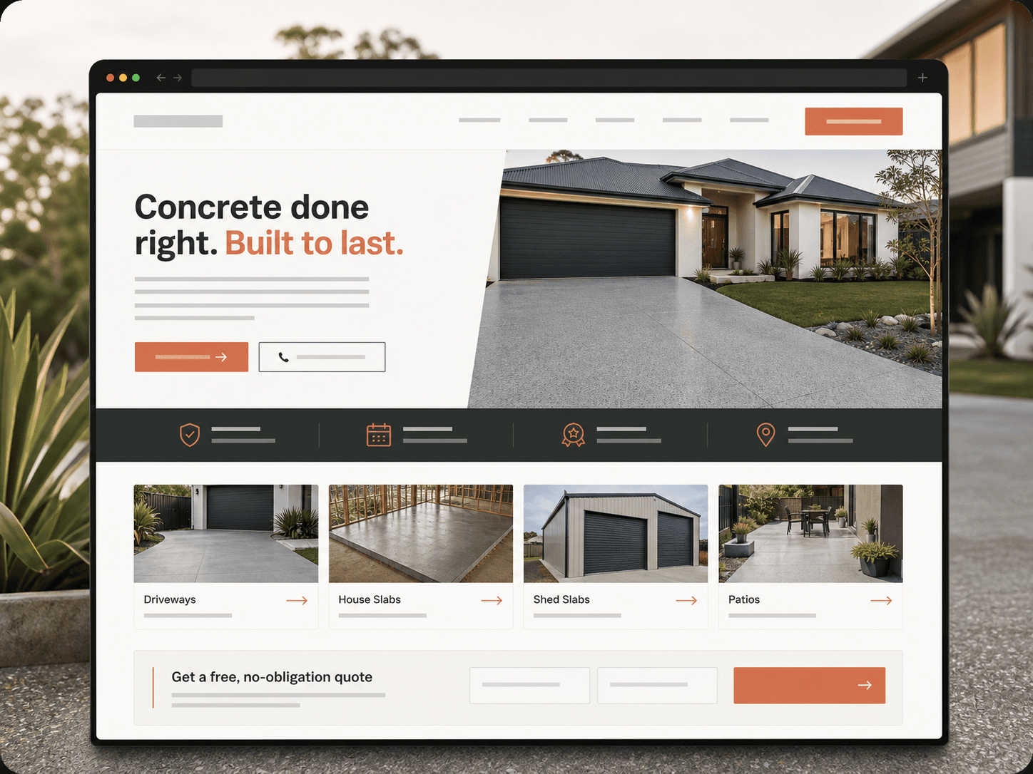 Premium concreting website with driveway, slab, shed slab and patio services