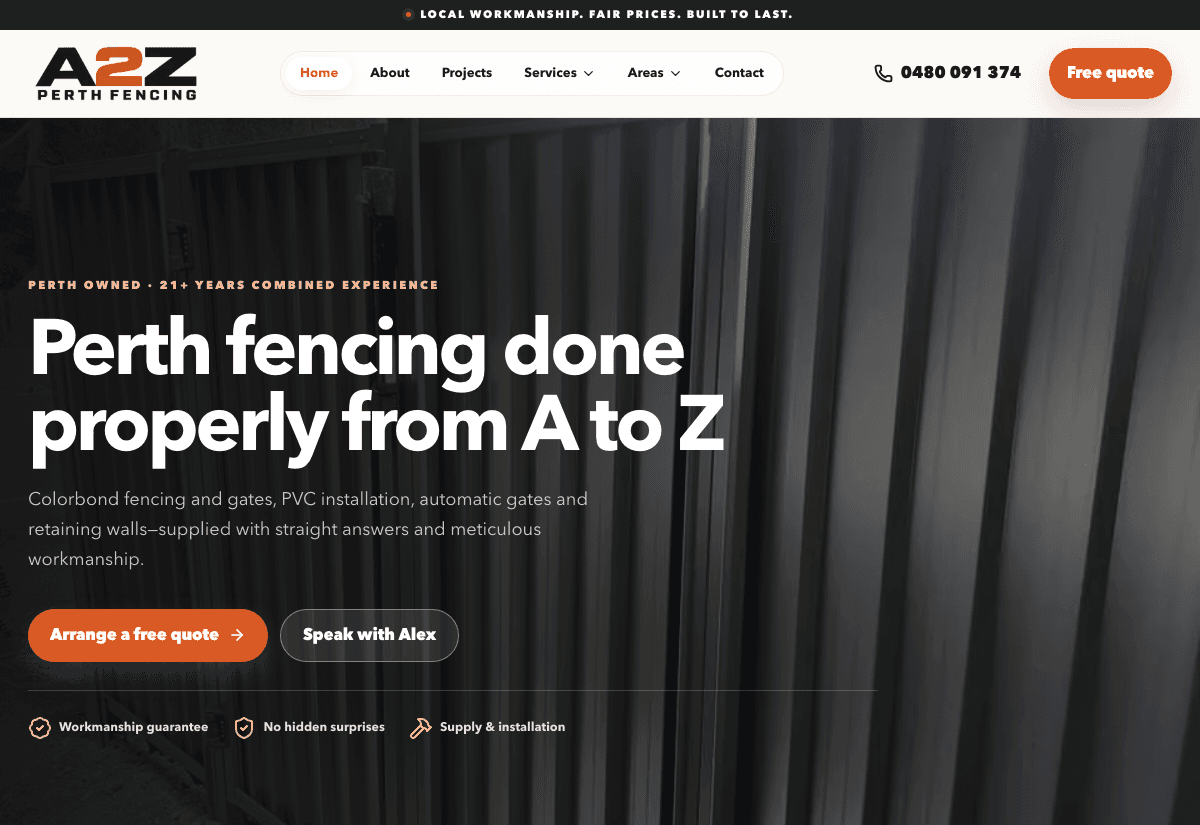 A2Z Perth Fencing homepage designed by Online Prospects