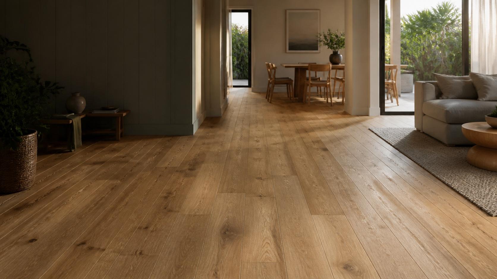 Warm oak-look flooring extending through a contemporary family living space
