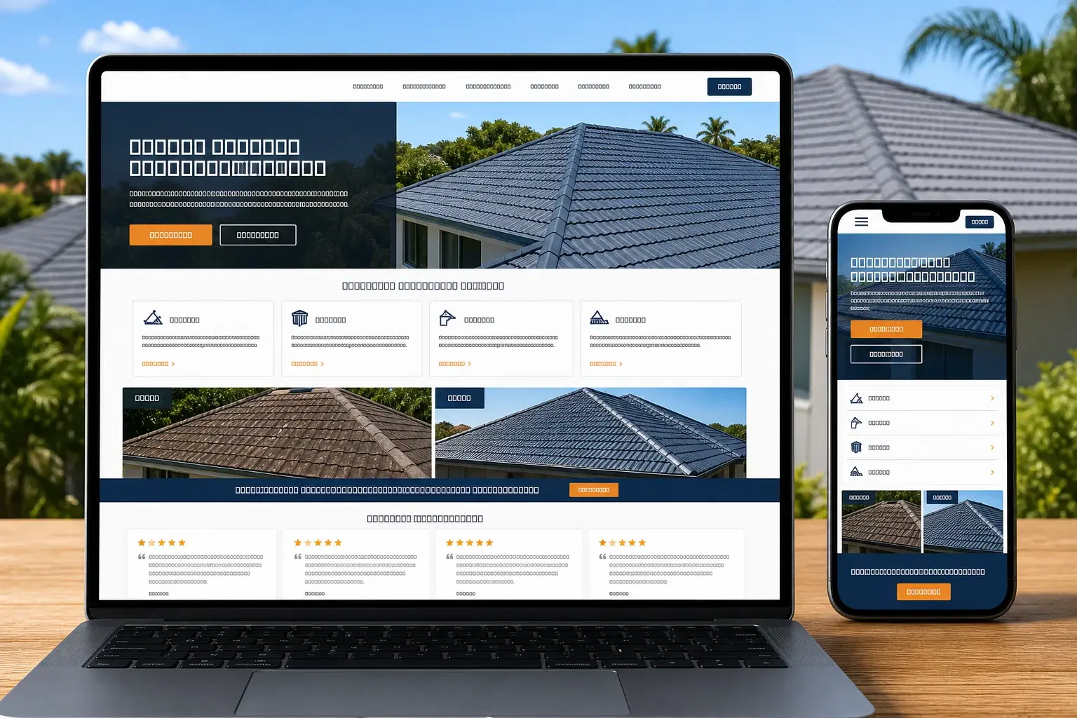 Realistic roof restoration website on laptop and phone