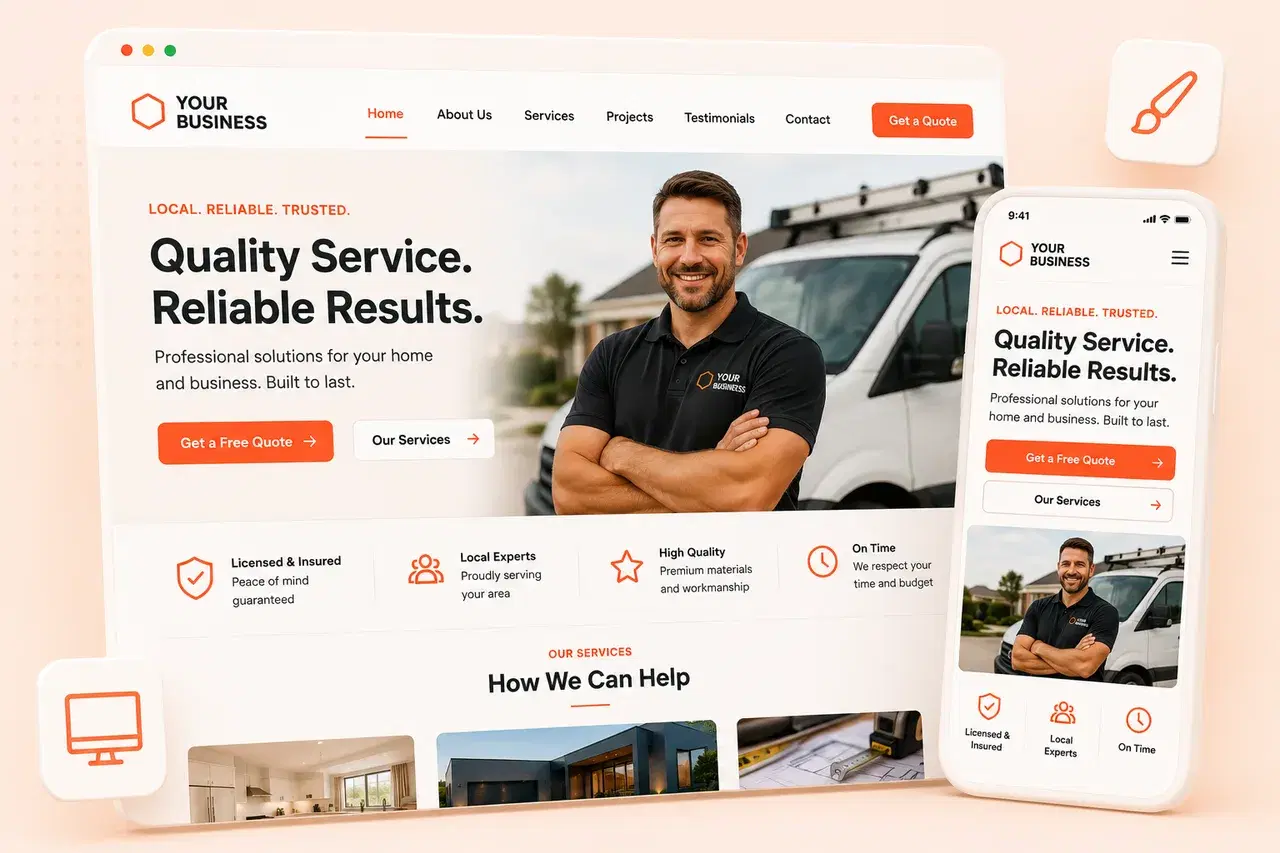 Website design hero mockup showing a professional local service business website on desktop and mobile